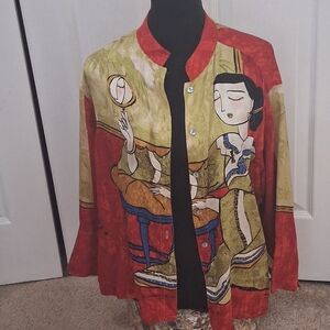Chico's 100% Silk Asian  Art To Wear Blouse/Jacket   Size 2